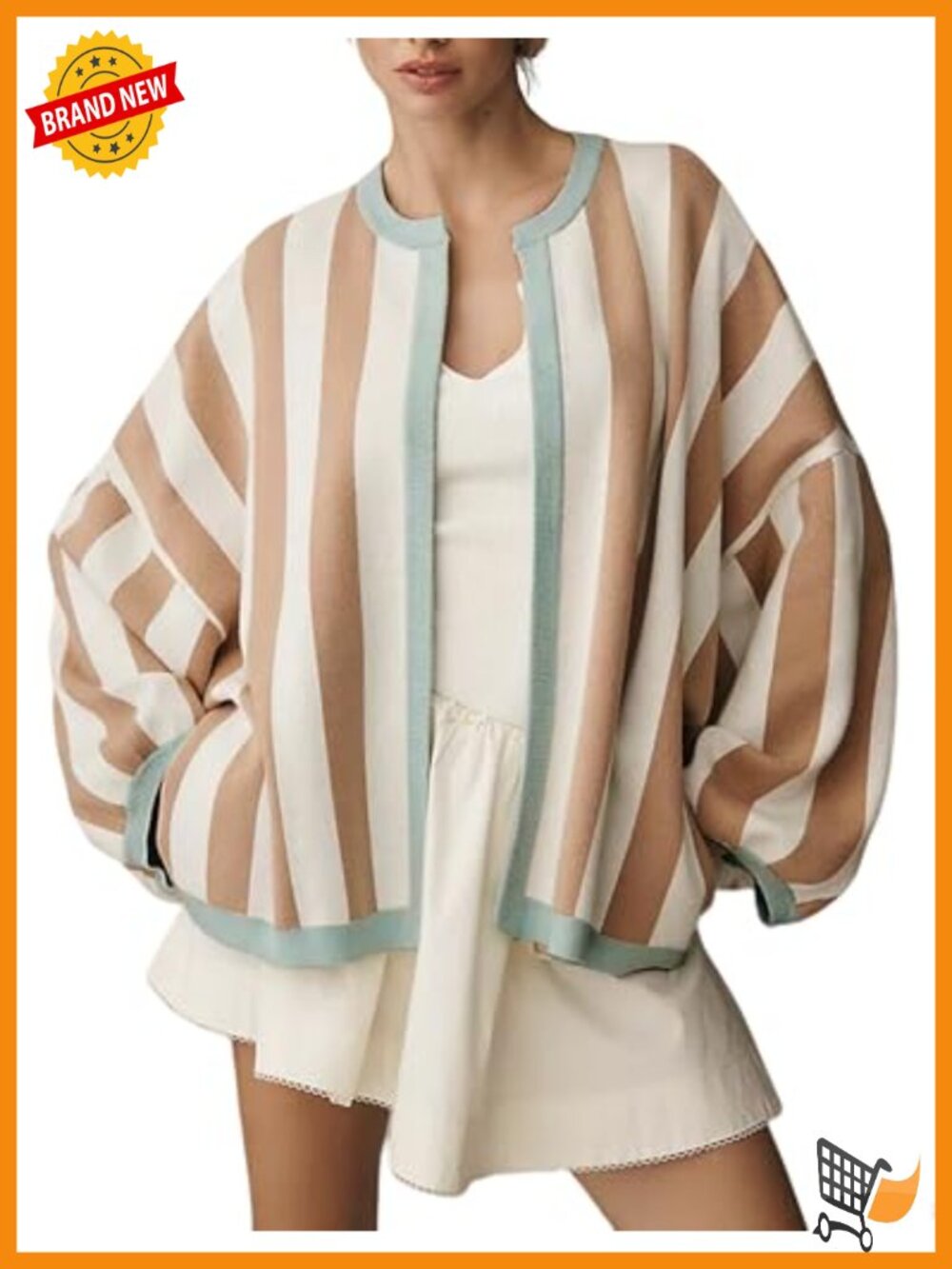 Womens Striped Cardigan Long Balloon Sleeve Open Front Knit Sweater